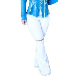 JC & JQ  Distressed Flare Jeans Y2K Boho Festival Frayed Hem Bell Bottoms